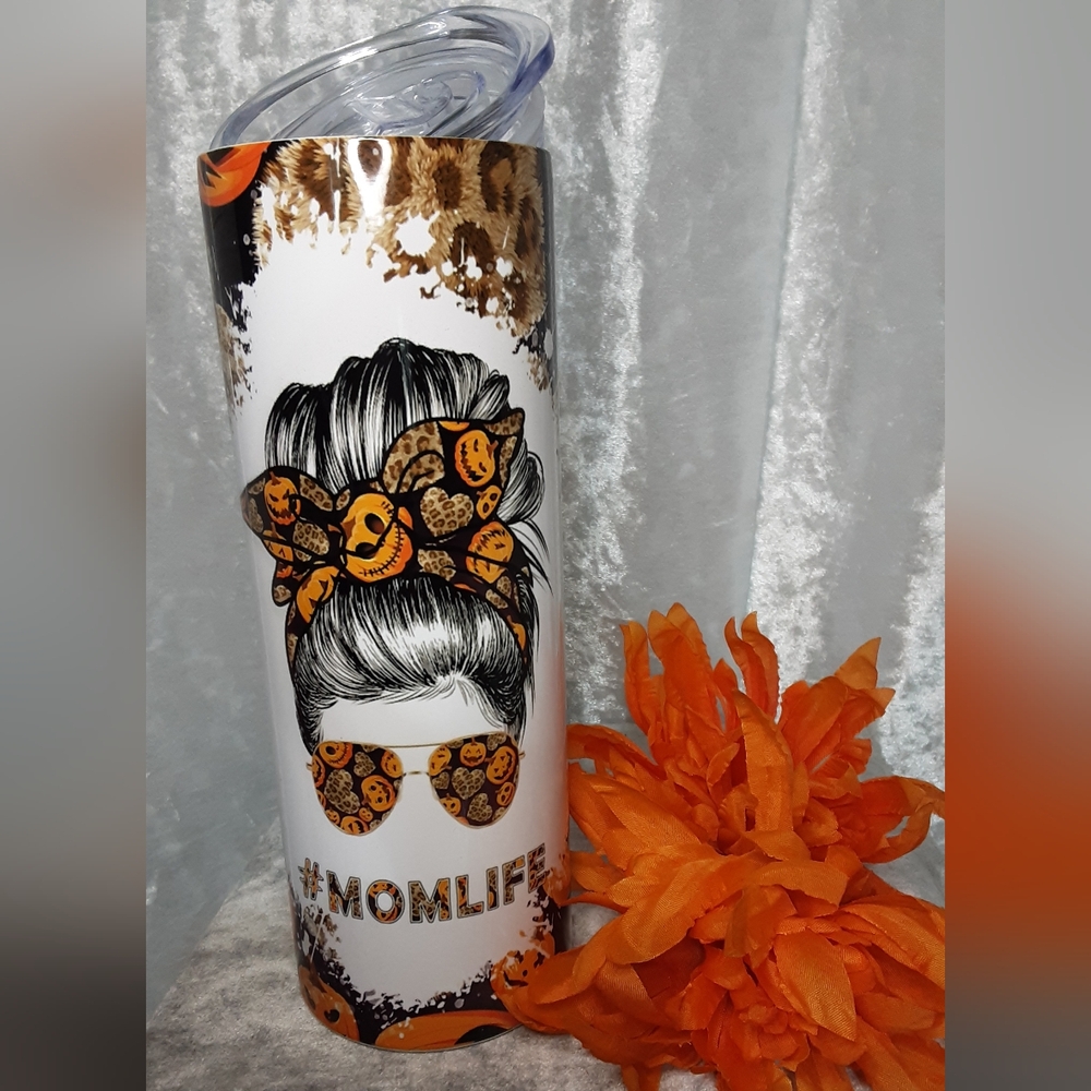 Handmade Halloween Fall Mom Life 20 oz Tumbler Orange White Thermos - Picture 1 of 6